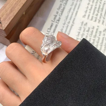 Модные Преувеличенные Металлические кольца с жемчугом неправильной формы серебристого цвета Для женщин и мужчин, Регулируемые ювелирные изделия Y2k Fashion Korea, Роскошный дизайнер Изображение