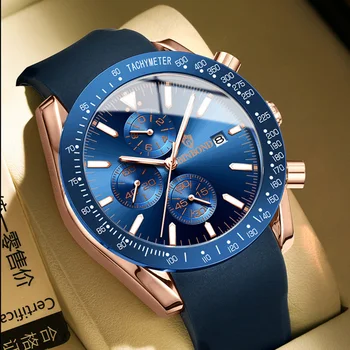 Модные Спортивные часы Мужские 2023 Новые Роскошные Синие Силиконовые Водонепроницаемые Деловые наручные часы с хронографом со светящейся датой Reloj Hombre Изображение