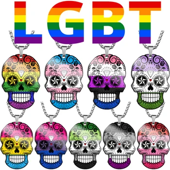 Модный Радужный флаг, гей-прайд, ЛГБТ-ожерелье для девочки, мальчика, скелет, подвеска в виде черепа из нержавеющей стали, мужчины, женщины, пара ювелирных изделий Изображение