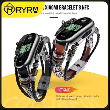 Модный кожаный ремешок RYRA для браслетов Xiaomi Mi Band 8 в этническом стиле, ретро-ремешок для часов Miband 8NFC Изображение
