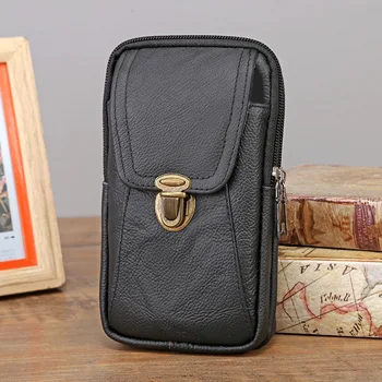 Мужская кожаная поясная сумка большой емкости, поясная сумка, коричневые сумки через плечо, сумки через плечо с многослойной пряжкой, сумка для мобильного телефона, сумка для задницы Изображение