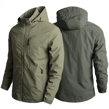 Мужские походные куртки 5XL, осенние военные, с несколькими карманами, тактические, для сафари, рыбалки, водонепроницаемые, с капюшоном, тонкое пальто с функцией карго Изображение