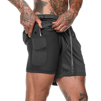 Мужские шорты для бега 2-в-1 с нижним карманом для мобильного телефона, уличные дышащие, быстросохнущие, впитывающие влагу шорты для йоги и спортзала S-3XL Изображение