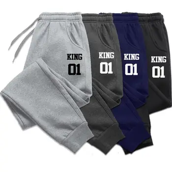 Мужские эластичные дышащие штаны для бега, модные спортивные штаны для спортзала с принтом King, повседневные длинные брюки для фитнеса на открытом воздухе, брюки в стиле ХИП-ХОП Изображение