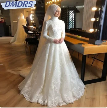 Мусульманский халат невесты с высоким воротником, Скромное свадебное платье в пол с длинным рукавом, Классические кружевные аппликации, Свадебное платье Robe De Mariée Изображение