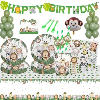 Набор посуды с животными джунглей для детей, украшения для вечеринки по случаю Дня рождения, бумажные тарелки, стаканчики, Латексные шары, детские принадлежности для душа, свадебные принадлежности Изображение