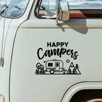 Наклейка для автомобиля Happy Campers Винтажная наклейка для кемпера для украшения автомобиля Виниловые наклейки на окно автомобиля Крышка масляного бака Автомобильный стайлинг Изображение