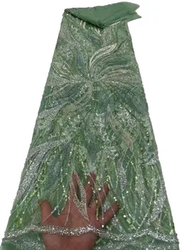 Новая версия изысканного кружева с цветочной вышивкой из бисера тяжелой промышленности, европейской ткани для свадебного платья из бисера Изображение
