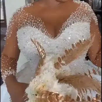 Новое высококачественное свадебное платье с длинным рукавом и круглым вырезом, роскошное кружевное свадебное платье Изображение