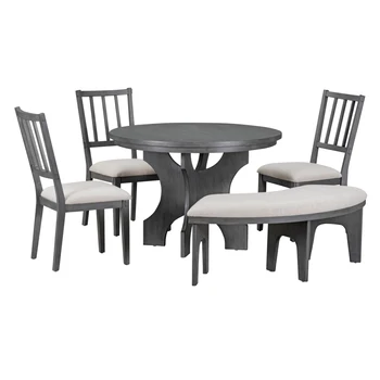 Обеденный стол из 5 предметов, круглый обеденный стол 44 дюйма с изогнутой скамейкой и боковыми стульями Изображение