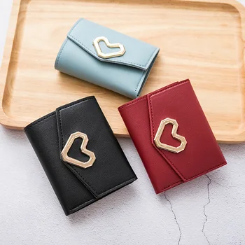 Однотонный Винтажный Короткий Кошелек Heart Hasp Ladies Heart Mini Кожаный Бумажник для Карт для Девочек Изображение