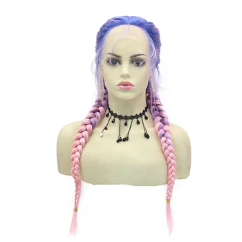Омбре Фиолетово-розового цвета, длинные плетеные парики, трансвеститы, синтетические парики на кружеве спереди для женщин, 2 тона, высокотемпературные натуральные волосы Изображение