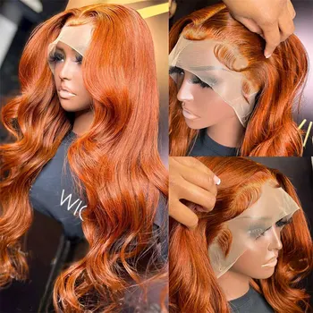 Оранжевый синтетический парик на кружеве Body Wave из высококачественного термостойкого волокна, Предварительно выщипанный из натуральных волос без пробора для женщин Изображение