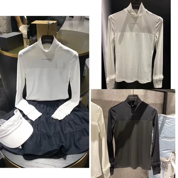 Осенняя футболка для гольфа, пуловер с высоким воротом, тонкая нижняя манжета, кружевная одежда для гольфа, женская корейская одежда Изображение