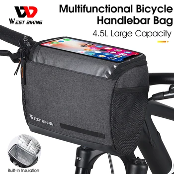 Передняя сумка для велосипеда объемом 4,5 л, сумка для телефона с сенсорным экраном, изолированные велосипедные сумки-холодильники MTB Для шоссейного велоспорта, Черные карманные аксессуары Изображение