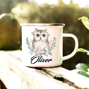 Персонализированная кофейная чашка с изображением совы и животных для женщин, подарок, изготовленная на заказ Походная Эмалированная кружка, Милый Олень Тигр с именем, Эмалированные подарки для детей Изображение