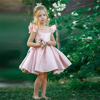 Платье девушки цветка розовый Сатин Искра o-шея лотоса рукав бант свадьба элегантный цветок ребенка первой Евхаристии, день рождения платье Изображение