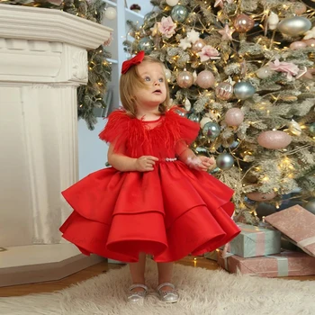Платье маленькой принцессы длиной до колен, платья с цветочным узором для девочек, красное пышное атласное платье для Первого причастия для маленьких девочек, платье на День рождения, Рождественское платье Изображение