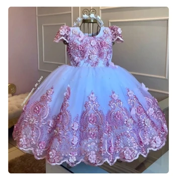 Платье с цветочным узором для девочек, Новые поступления, кружевные аппликации принцессы, бальные платья, нарядные платья для свадеб, платья для первого причастия Изображение
