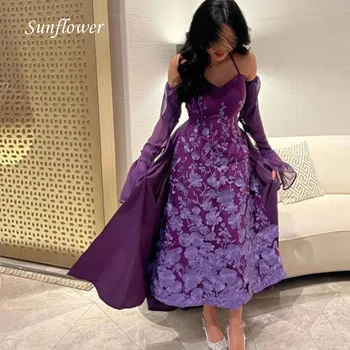 Подсолнух Простое фиолетовое вечернее платье с кружевной аппликацией и вышивкой 2023, тонкий рукав Три четверти, Арабское платье А-силуэта высокого качества на заказ Изображение