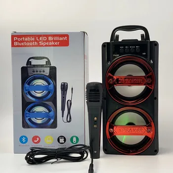 Портативная светодиодная аудиосистема Bluetooth для домашнего кинотеатра, портативная караоке-машина с проводным микрофоном Caixa De Som Bluetooth Изображение