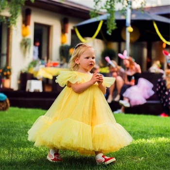 Прекрасное пушистое тюлевое кружевное многослойное платье с цветочным узором для девочек, бальное представление принцессы, Первое причастие, Подарок на день рождения для детей, сюрприз Изображение