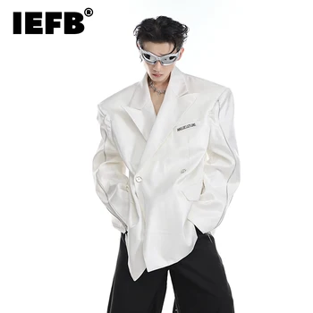 Приталенный мужской костюм с наплечником IEFB, осенние новые блейзеры с длинными рукавами, нишевый дизайн, жидкая куртка, трендовое пальто на металлической молнии 9C330 Изображение