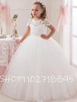 Простые детские платья принцессы с коротким рукавом, Белое кружевное бальное платье, платья с цветочным узором для девочек на свадьбу, День рождения Изображение