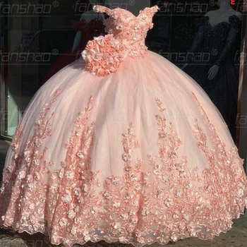 Пышное платье Fanshao wd850 с кружевными аппликациями и 3D цветами для 15 девочек, бальные платья с открытыми плечами, Vestido Beauty Изображение