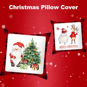 Рождественская наволочка в красную клетку с милым принтом, удобный чехол для диванной подушки на молнии для гостиной Изображение