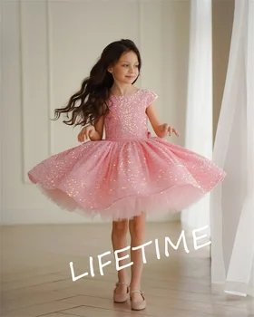 Розовое женское платье с цветочным рисунком, Блестящие бусины, Бант из перьев, вечеринка, Пышная юбка, Бальное платье для причастия, малыш Изображение