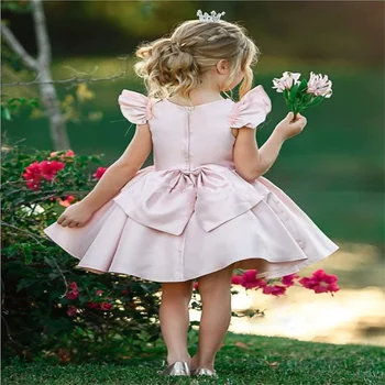 Розовое короткое платье в цветочек для девочек, юбка, атласный рукав в виде листьев лотоса, свадебное платье с милым маленьким цветочком для первого причастия ребенка Изображение
