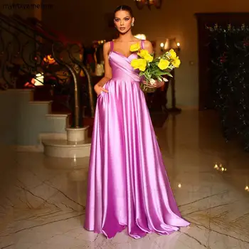 Розовое шелковое атласное Длинное Сексуальное вечернее платье 2023, выпускные платья с вырезом в виде сердечка, на бретельках, обычное вечернее платье для вечеринки Изображение