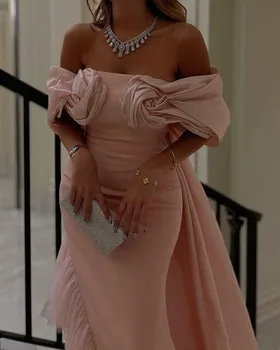 Розовые длинные платья для выпускного вечера Mermaid Arabia с открытыми плечами, вечерние платья для выпускного вечера с рюшами и разрезом сбоку, официальное вечернее платье Изображение
