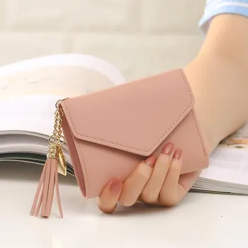 Розовый женский мини-кошелек с кисточками, держатель для карт, модный кошелек для монет Изображение