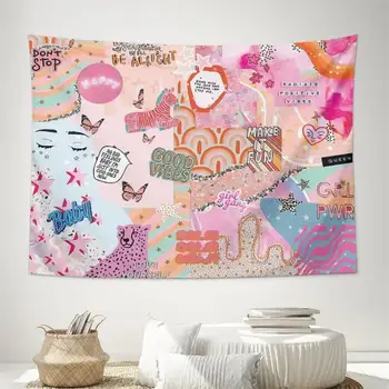 Розовый и голубой Гобелен Girl Power Collage, милые Гобелены, Эстетичный настенный декор для спальни, гостиной, вечеринки в общежитии Изображение