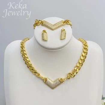 Роскошный Африканский комплект ювелирных изделий из 18-каратного золота для женщин, Широкая цепочка, ожерелье с кубическим цирконием, Браслет, Серьги с замком, Аксессуары Изображение