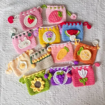 Ручной вязки мультяшный кошелек для монет на шнурке для женщин, детских наушников, губных помад, ключей, монет, небольших сумок-кошельков Изображение