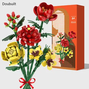 Самодельный игрушечный букет из 3D блоков, создайте и украсьте модели хризантем и роз, идеальное украшение дома зеленью для подарков для девочек. Изображение