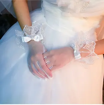 Свадебные Тюлевые Перчатки с кружевом Длиной до запястья, короткие Свадебные Перчатки для пальцев, женские Летние Перчатки Изображение