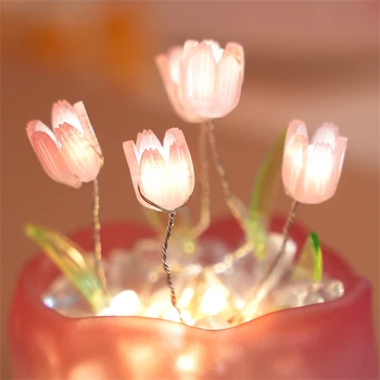 Светодиодный ночник с тюльпаном ручной работы, настольная лампа с искусственным цветком, имитация тюльпана ручной работы, подарки на день рождения, светильник Изображение
