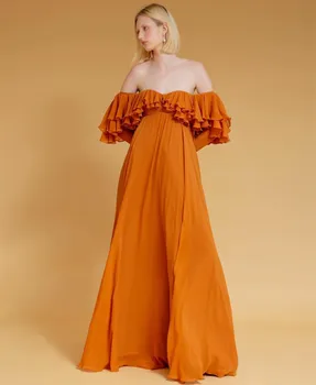 Сексуальные длинные оранжевые шифоновые вечерние платья трапециевидной формы с небольшим шлейфом с оборками, Платья для выпускного вечера для женщин Изображение