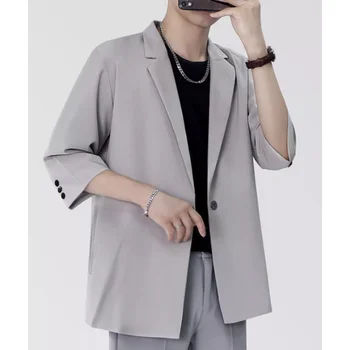 Серый пиджак, мужские летние Корейские свободные топы с рукавами в семь точек, модные тонкие повседневные блейзеры Terno Masculino на одной пуговице Изображение