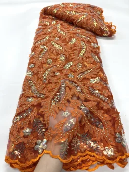 Стильная Оранжевая Африканская 3D кружевная ткань 5 ярдов 2023 Высококачественная кружевная ткань с бисером, французская нигерийская кружевная ткань с пайетками Изображение