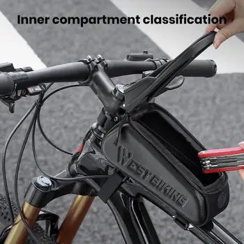 Сумка на передней трубчатой раме, велосипедная сумка, водонепроницаемые велосипедные сумки на передней раме, вместительный чехол для телефона с сенсорным экраном для дорожных велосипедов Mtb Изображение