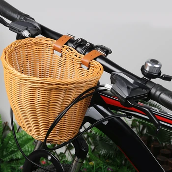 Съемная велосипедная корзина из искусственного ротанга с кожаными ремнями, Маленькая Велосипедная корзина ручной работы, Гидроизоляционные Аксессуары для велоспорта Изображение