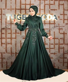 Темно-зеленые Мусульманские вечерние платья с высоким воротом и роскошными аппликациями С длинным рукавом, Вечерние женские Хиджабы, Арабский халат-кафтан Изображение