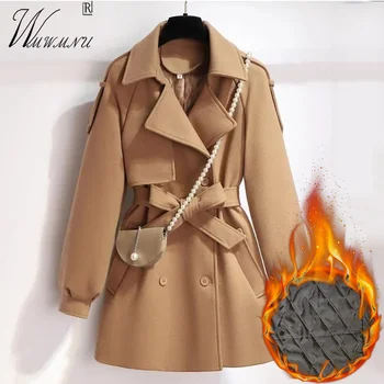 Тонкие зимние шерстяные пальто цвета хаки, Корейский модный пояс, Теплые толстые куртки, Женская двубортная верхняя одежда, элегантная полушерстяная ткань Abrigo Изображение