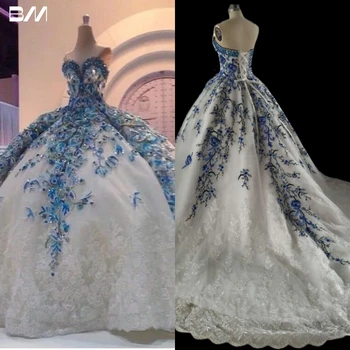 Удивительные свадебные платья в арабском стиле, синие Цветочные белые аппликации, расшитые бисером, с огромной нижней юбкой, Свадебное платье Персонализированное Изображение