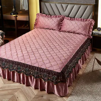Утолщенная Плюшевая стеганая юбка-кровать, покрывало с вышивкой, зимнее теплое мягкое бархатное покрывало Королевского размера, не включая наволочку Изображение